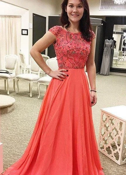 fishtail evening dress-Cap Sleeves Chiffon Long Prom Dresses with Rhinestones