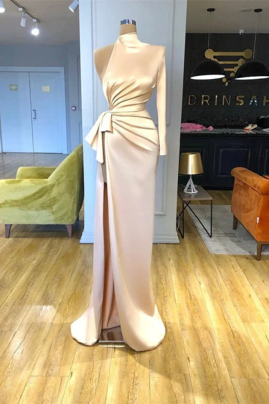 metallic evening dress-Champagne High Neck Long Sleeve Mermaid Prom Dress with Split