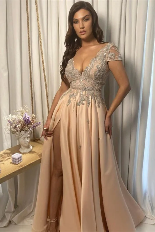 empire waist evening dress-Champagne Lace V-Neck Appliqued Prom Dress with Split