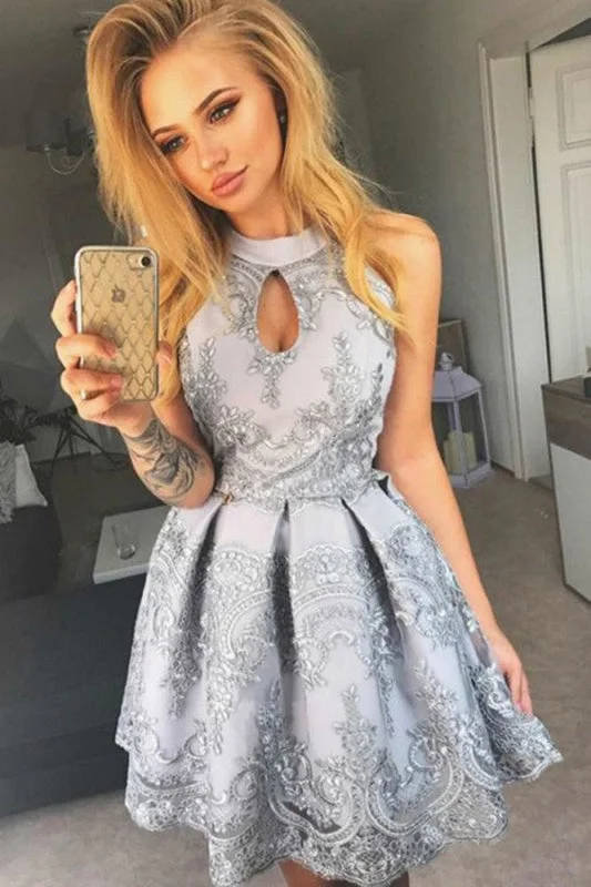 sheer sleeve evening dress-Charming A Line Halter Keyhole Grey Lace Homecoming Short Party Dresses