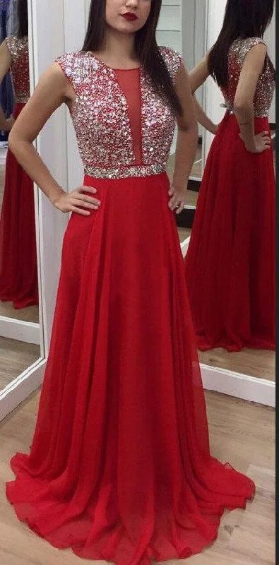 formal red evening dress-Charming Chiffon Long Prom Dresses with Rhinestones