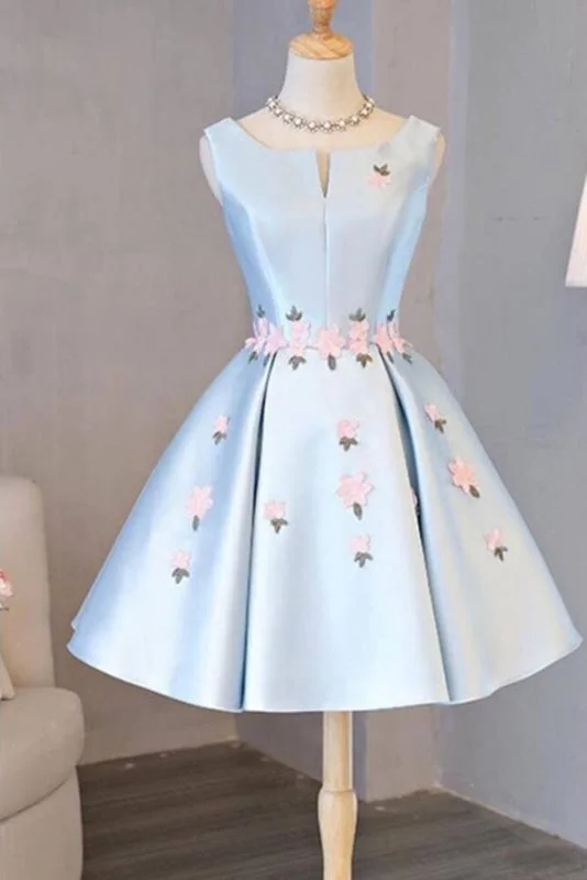 layered evening dress-Cheap Light Blue Sleeveless Satin Short Prom with Appliques Homecoming Dress