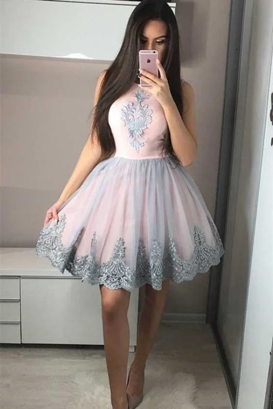 evening dress for black-tie events-Cute A-Line Round Neck Pink Homecoming with Appliques Short Prom Dress