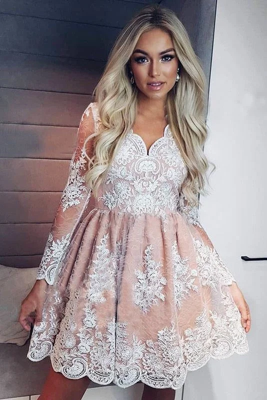 strapless evening dress-Cute A-Line V-neck Long Sleeves Short Homecoming Dress with Lace Appliques