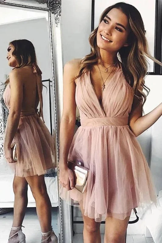 black lace evening dress-Cute Halter Above Knee Pink Tulle Short Prom Pleated Homecoming Dresses