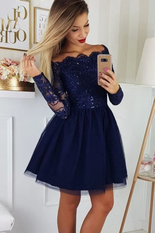 deep V-neck evening dress-Cute Off the Shoulder Tulle Homecoming Dress with Lace Appliques Short Prom Dresses