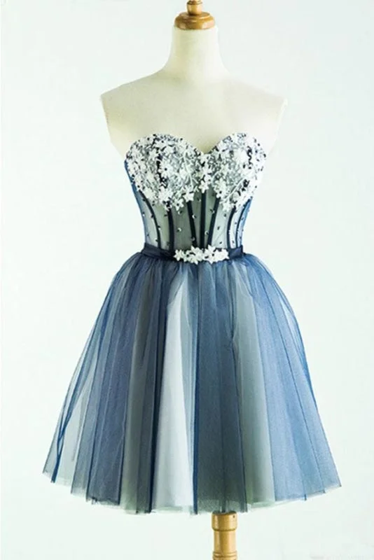 sequined formal evening dress-Cute Sweetheart Tulle Homecoming with Beads A Line Appliqued Short Prom Dress