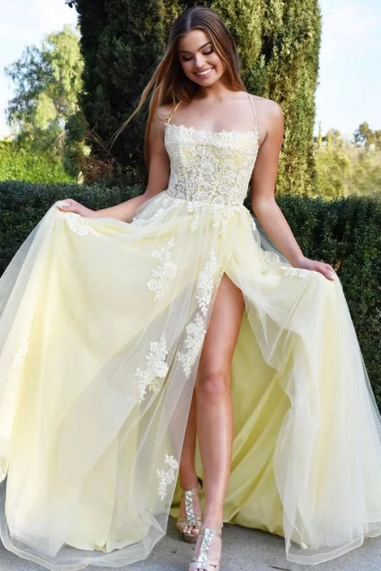 evening dress with feather accents-Daffodil Spaghetti-Strap Lace Appliqu¨¦ Mermaid Prom Dress with Split