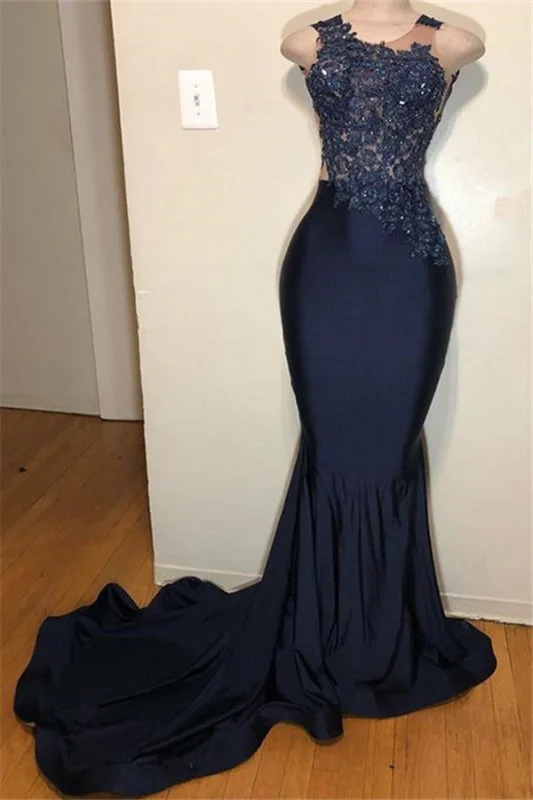 elegant ball gown evening dress-Dark Blue Appliqued Sleeveless Mermaid Prom Dress