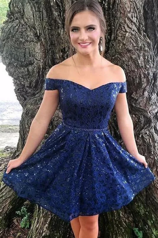 evening dress with side slit-Dark Blue Off the Shoulder Homecoming Dresses Sexy Lace Short Prom Dress