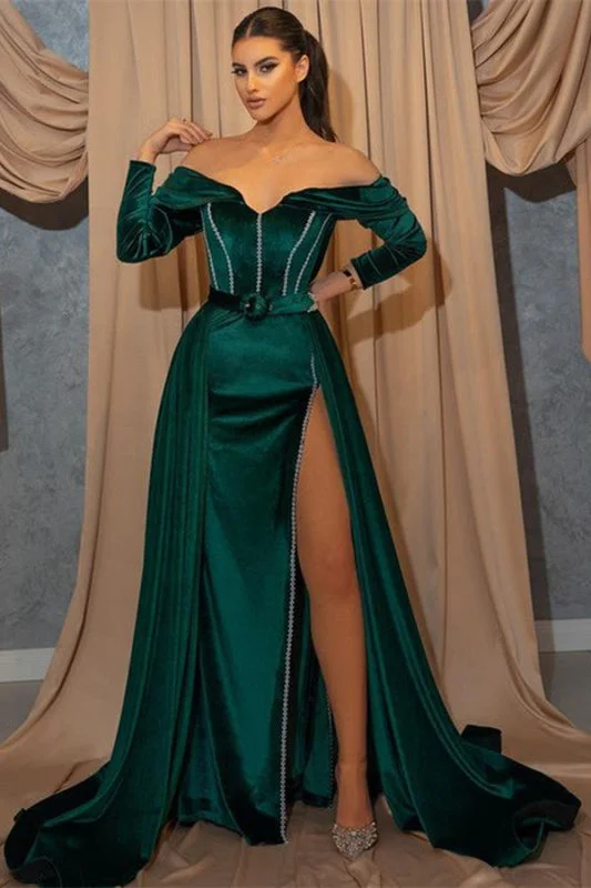 floor-length evening dress-Dark Green Long Sleeve Sweetheart Mermaid Prom Dress with Front Split and Belt