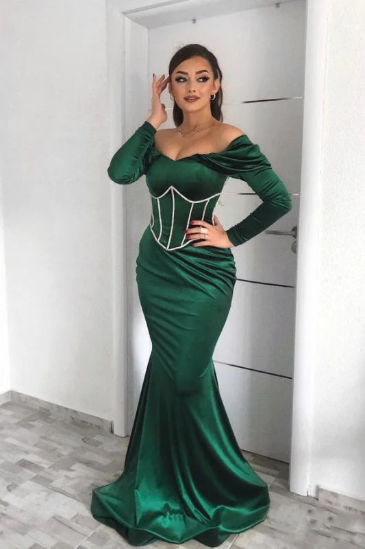 deep V-neck evening dress-Dark Green Off-the-Shoulder Long Sleeve Mermaid Prom Dress