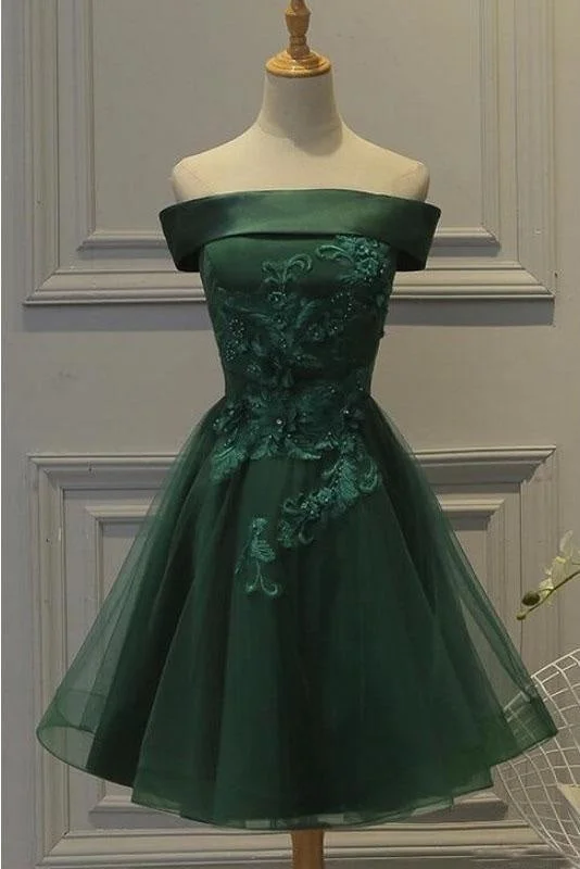 beaded bodice evening dress-Dark Green Off the Shoulder Tulle Homecoming A Line Appliqued Short Prom Dress