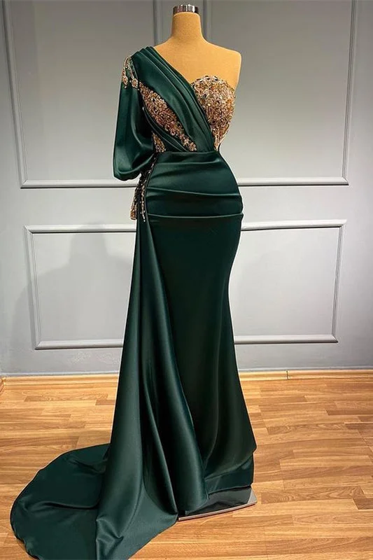 deep V-neck evening dress-Dark Green One-Shoulder Beaded Mermaid Prom Dress with Appliques