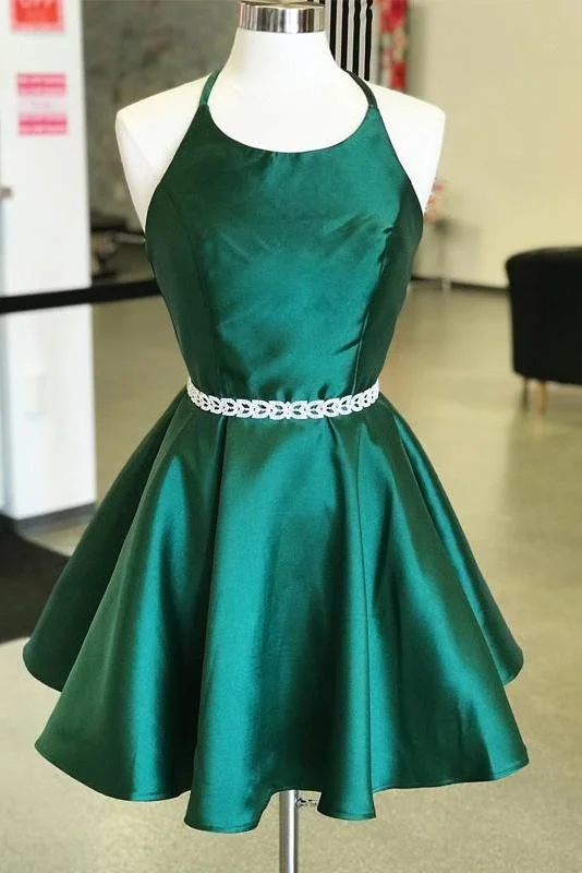 fishtail evening dress-Dark Green Satin Spaghetti Strap Halter Open Back Short Homecoming Dresses