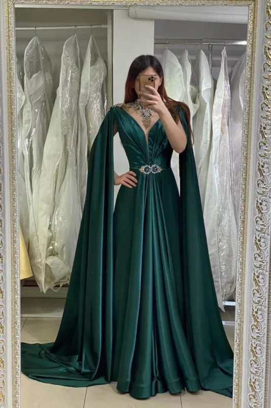 elegant lace overlay evening dress-Dark Green V-Neck A-Line Long Beaded Prom Dress with Ruffles