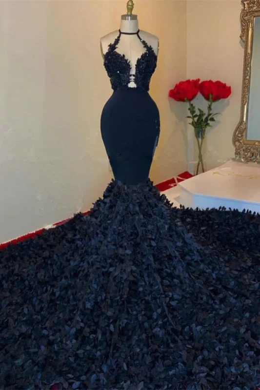 evening dress with mesh overlay-Dark Navy Halter V-Neck Mermaid Prom Dress with Appliques