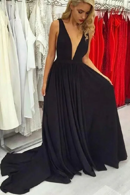 evening dress with appliqués-Deep V Neck Prom Dresses Black