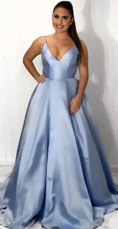 deep V-neck evening dress-Dusty Blue Plus Size Prom Dresses Spaghetti Straps