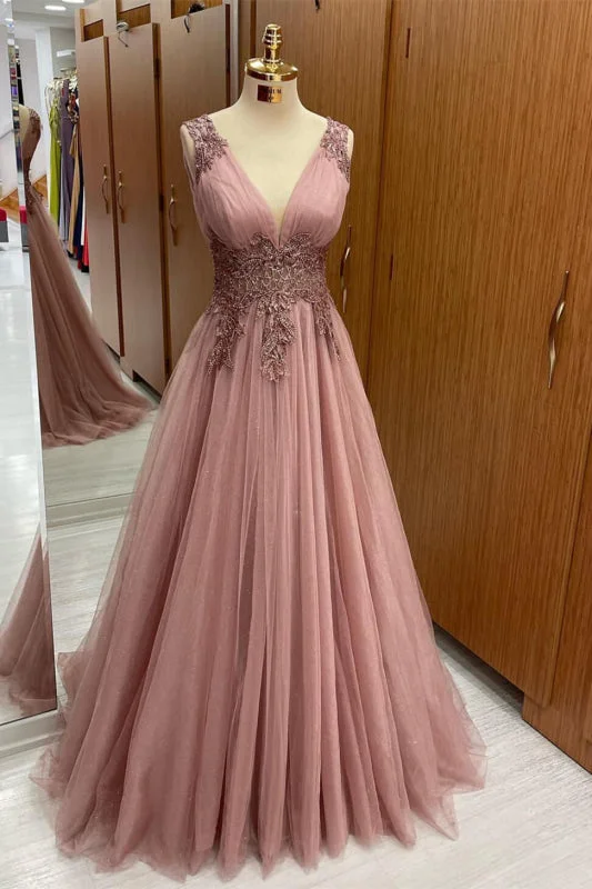 evening dress with sleeves and lace-Dusty Pink V-Neck Sleeveless Long Tulle Prom Dress with Appliques