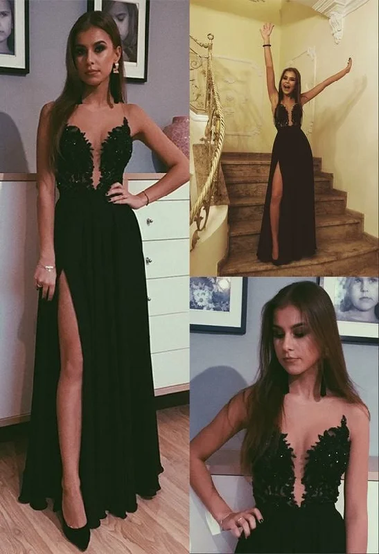 sophisticated evening dress-Elegant Black Prom Dresses with Slit Side