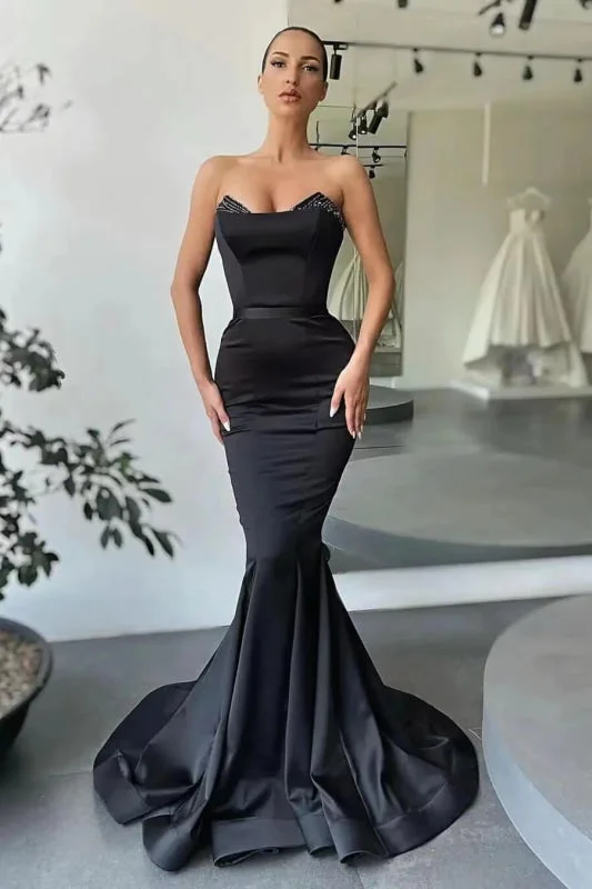 sheer sleeve evening dress-Elegant Black Strapless Sleeveless Mermaid Prom Dress with Beads