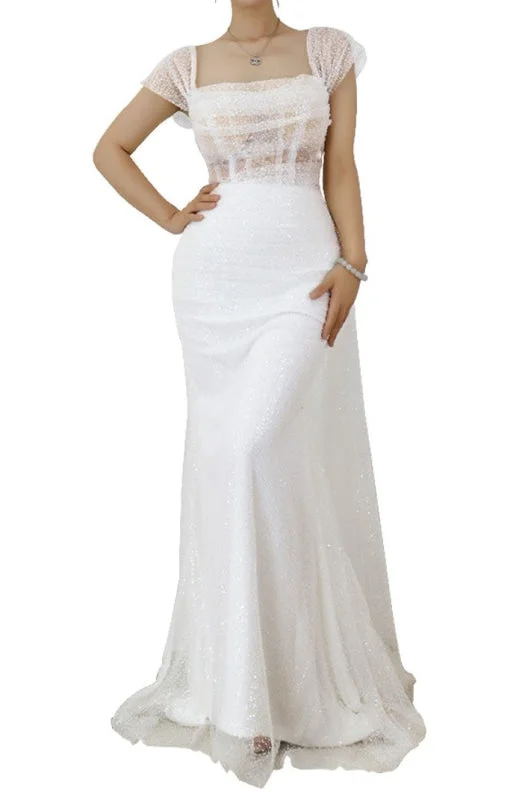 spaghetti strap evening dress-Elegant Long White Spaghetti-Strap Sleeveless Tulle Prom Dress