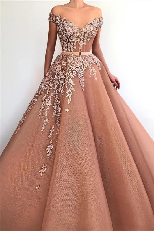 vintage-inspired evening dress-Elegant Off-the-Shoulder Appliqued V-Neck Mermaid Prom Dress with Belt