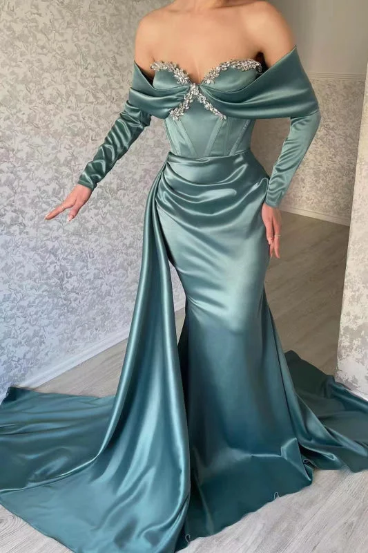 spaghetti strap evening dress-Elegant Sweetheart Long Sleeve Mermaid Prom Dress with Rhinestone Ruffles