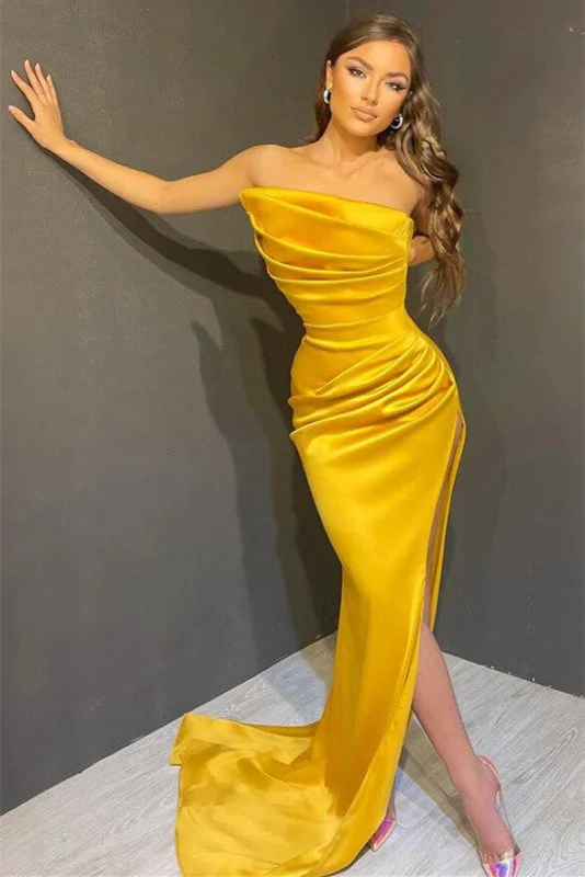 glamorous evening dress-Elegant Yellow Strapless Sleeveless Mermaid Prom Dress with Split On Sale