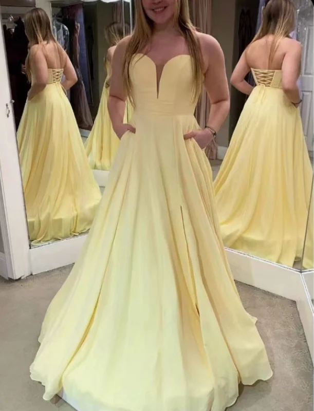 evening dress with keyhole-f Yellow Prom Dresses Sweetheart with Pockets