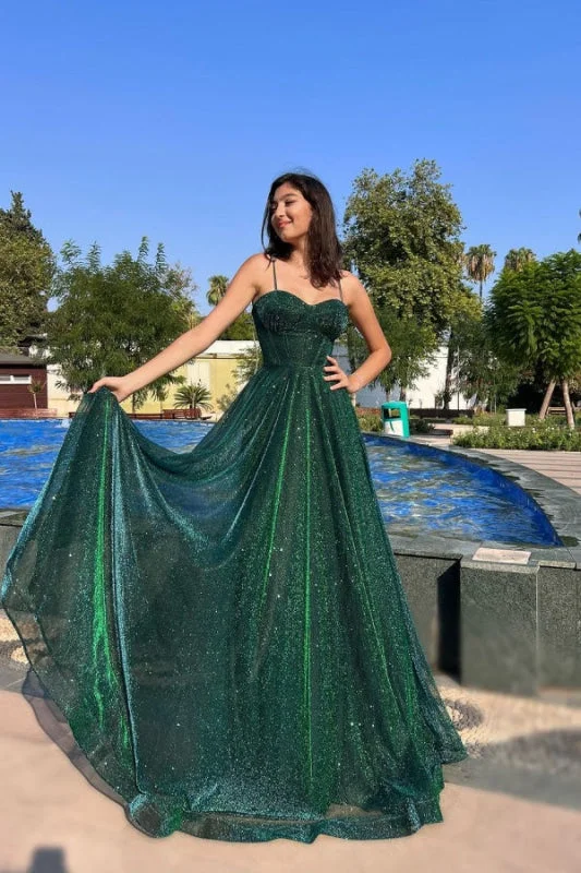 high neck formal evening dress-Fashion Green Spaghetti-Strap Shimmering A-Line Prom Dress