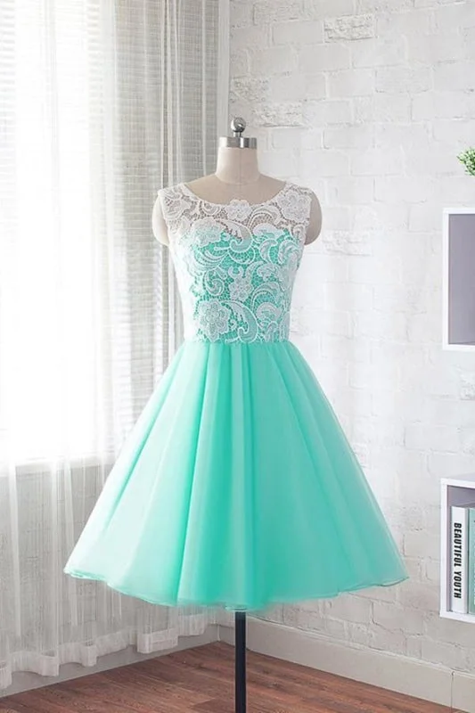 evening dress with pleated skirt-Fashion Round Neck A Line Short Homecoming Dress with Lace Cheap Sweet 16 Dresses