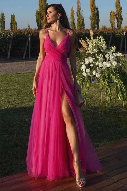 illusion back evening dress-Fuchsia Spaghetti-Straps Tulle A-Line Prom Dress with Split