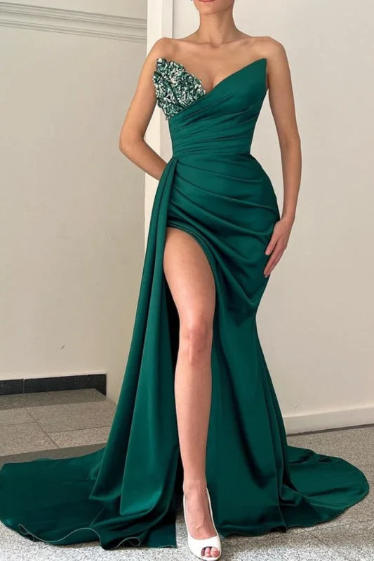 evening dress with crystals-Glamorous Emerald V-Neck Mermaid Long Prom Dress with Slit