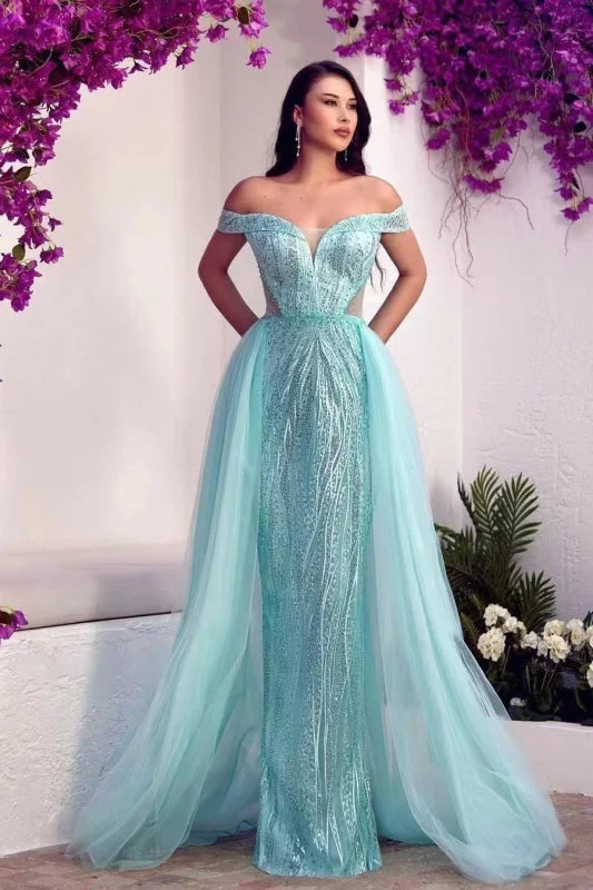 off-the-shoulder evening dress-Glamorous Off-the-Shoulder Sweetheart Tulle Prom Dress with Overskirt, Sequins, and Beads