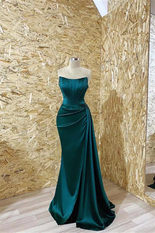 evening dress with appliqués-Gorgeous Dark Green Strapless Long Mermaid Prom Dress with Pleated Ruffles