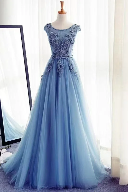 evening dress with feather accents-Gorgeous Jewel Sleeveless A-Line Tulle Prom Dress with Appliques