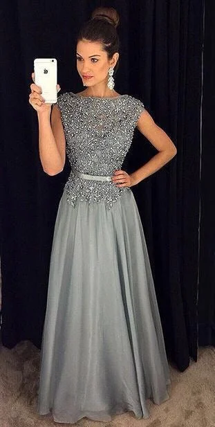 fit and flare evening dress-Gray Long Prom Dresses with Appliques