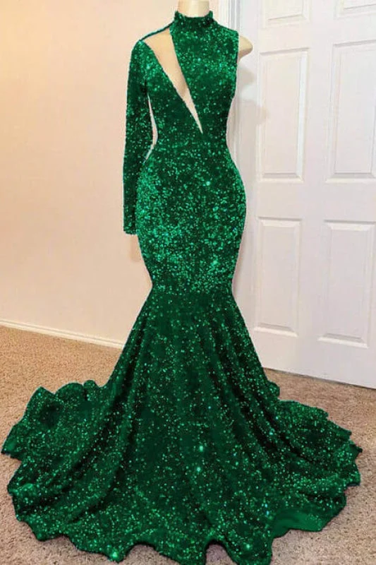 royal blue evening dress-Green High Neck Long Sleeve Sequined Mermaid Long Prom Dress