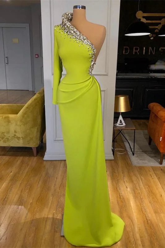 beaded evening dress-Green Long Sleeve One-Shoulder Beaded Mermaid Prom Dress