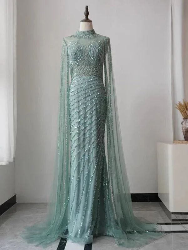 evening dress with cape-Green Luxury Long Sleeve Sequined Beaded Prom Dress 2024