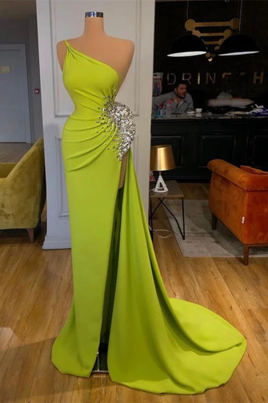 velvet long evening dress-Green One-Shoulder Sleeveless Beaded Mermaid Prom Dress with Split