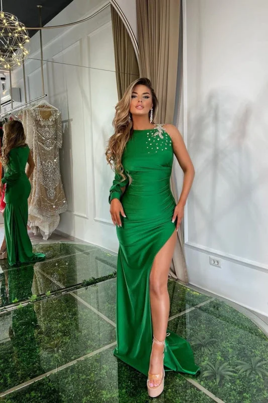 scalloped hem evening dress-Green Satin One-Shoulder Prom Dress with Slit, Rhinestones, and Appliques