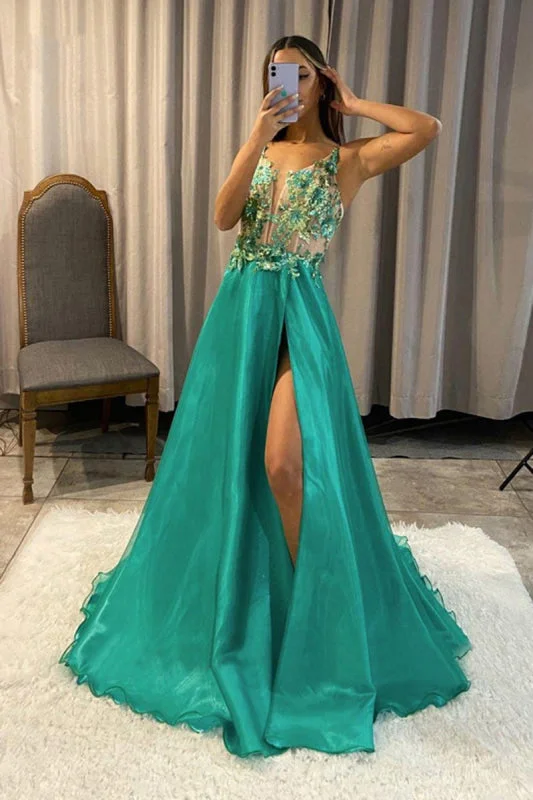 mermaid evening gown-Green V-Neck Appliqued A-Line Long Prom Dress with Slit