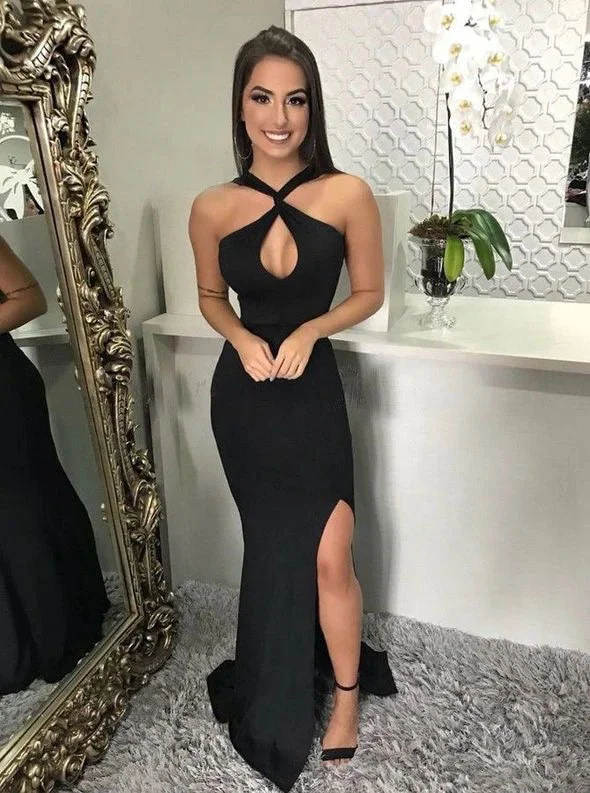 off shoulder evening gown-Halter Black Prom Dresses with Slit Side Under 100