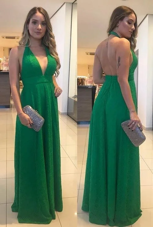 classic black evening dress-Halter Green V Neck Lace Prom Dresses