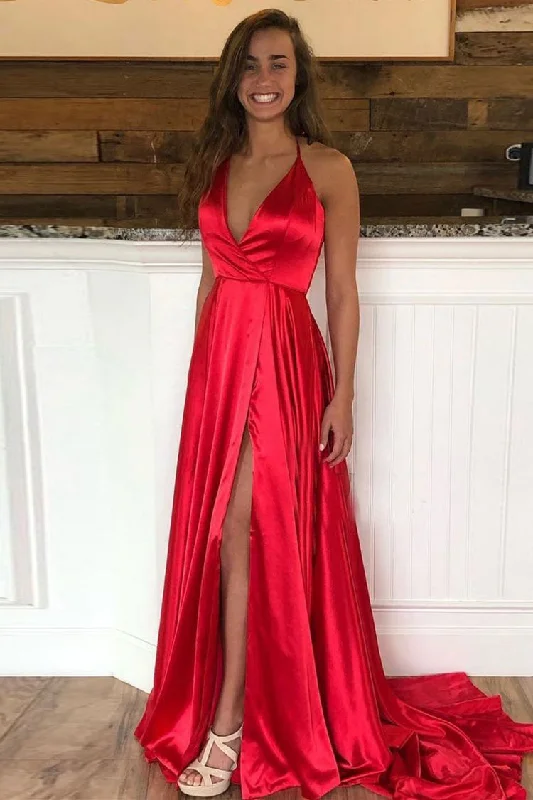 evening dress with train-Halter Slit Side Long Prom Dresses Under 100