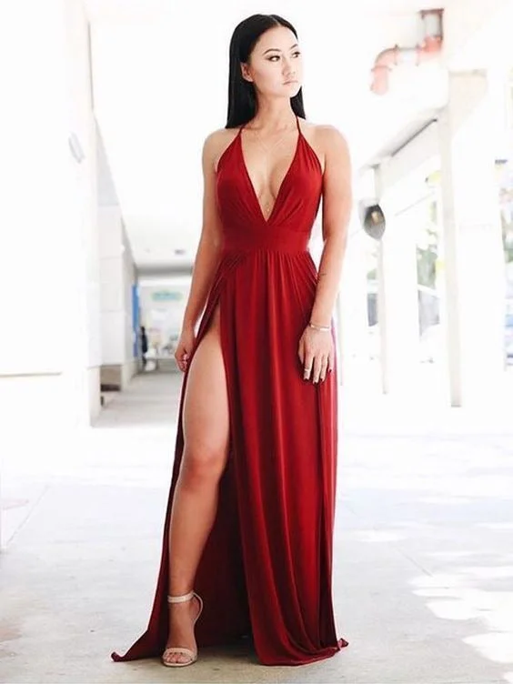 evening dress with side slit-Halter Slit Side Long Prom Dresses Under 100