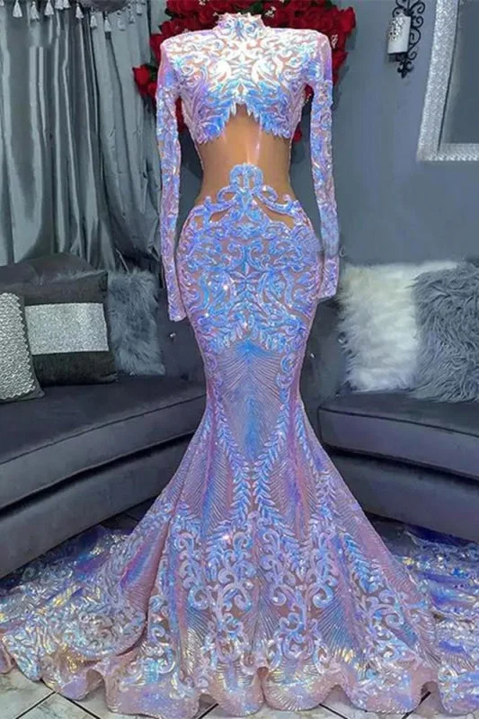 sparkly evening dress-High Neck Long Sleeve Sequined Lace Mermaid Prom Dress